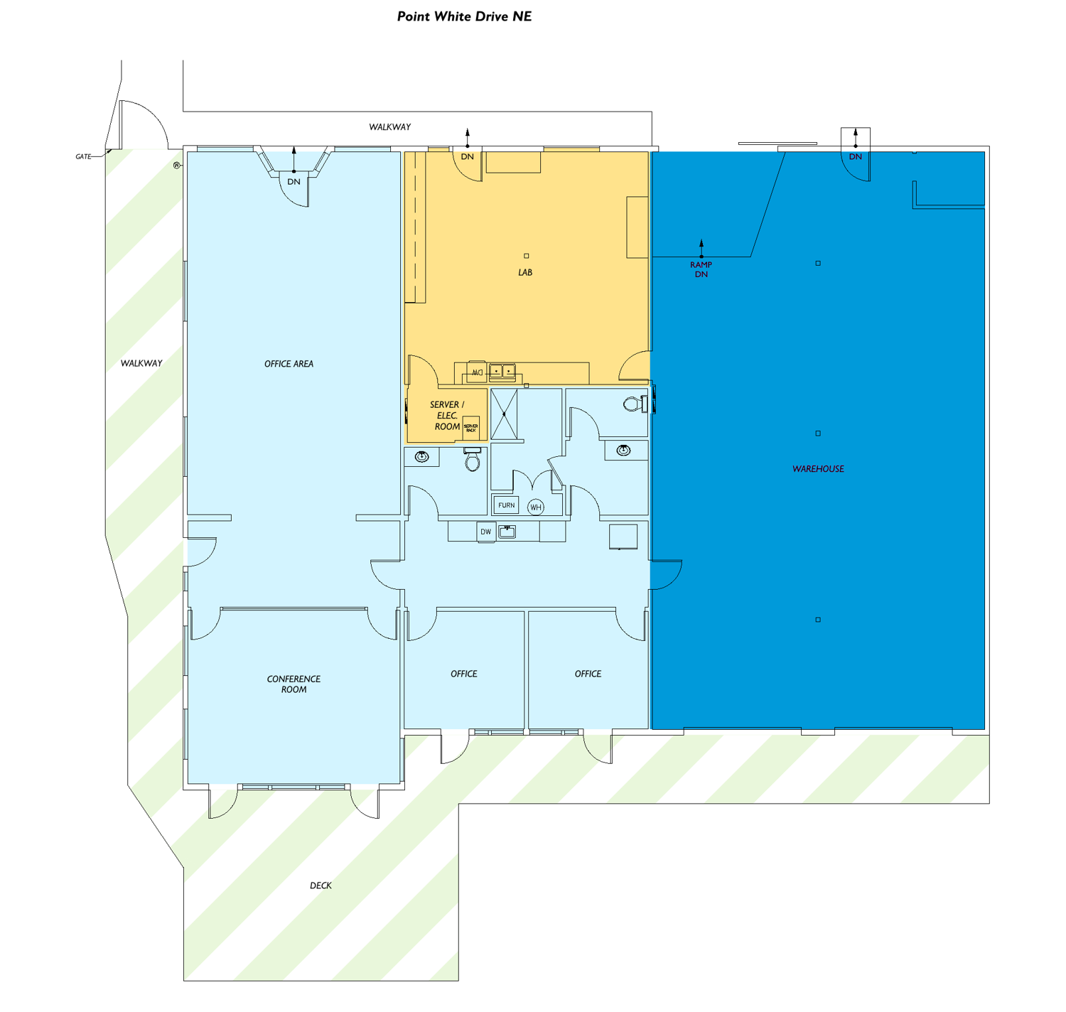 Floor plan showing warehouse, lab, offices, and the deck over the water
